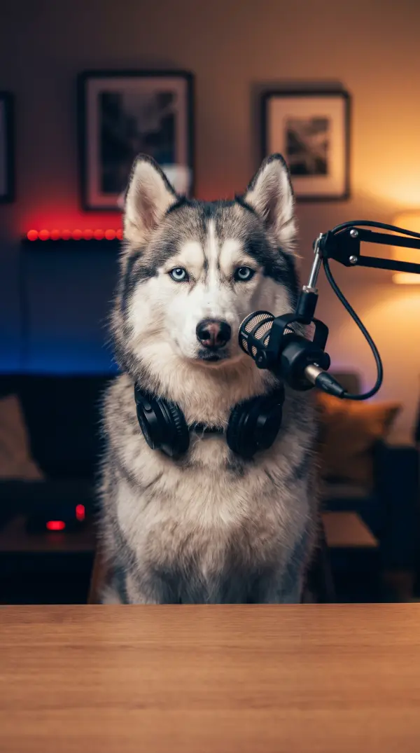 Nova, Siberian husky with headphones at a podcast mic