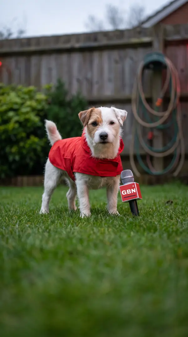 Pepper, Jack Russell terrier in a red rain jacket with the GBN mic