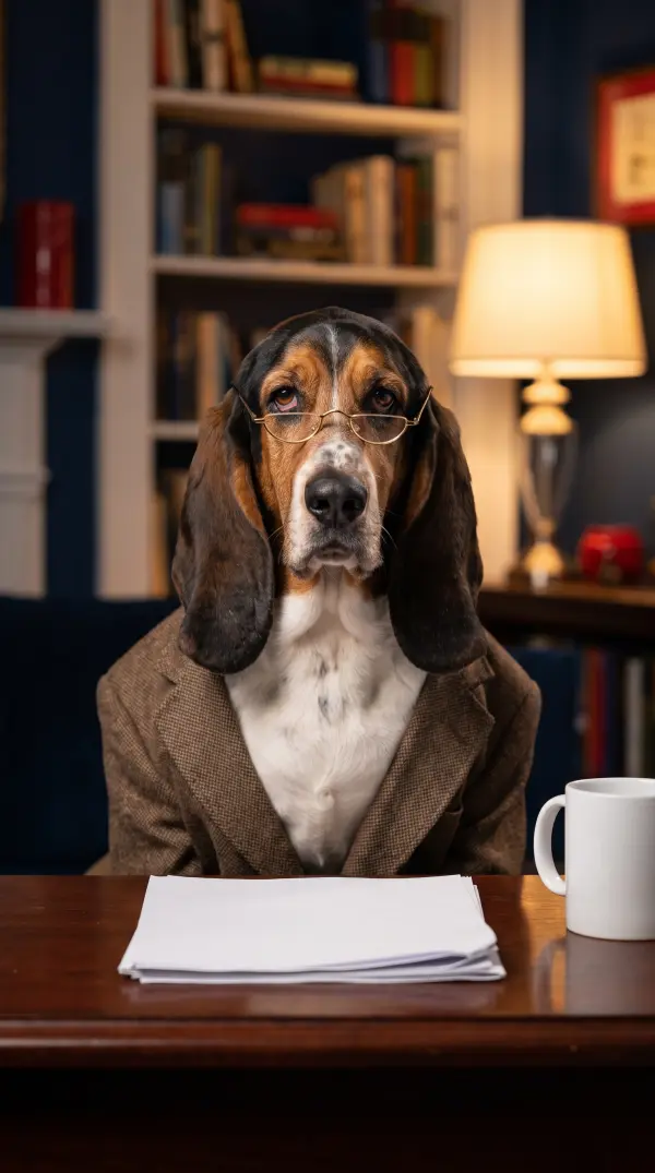 Reg, basset hound in a tweed blazer and half-moon glasses